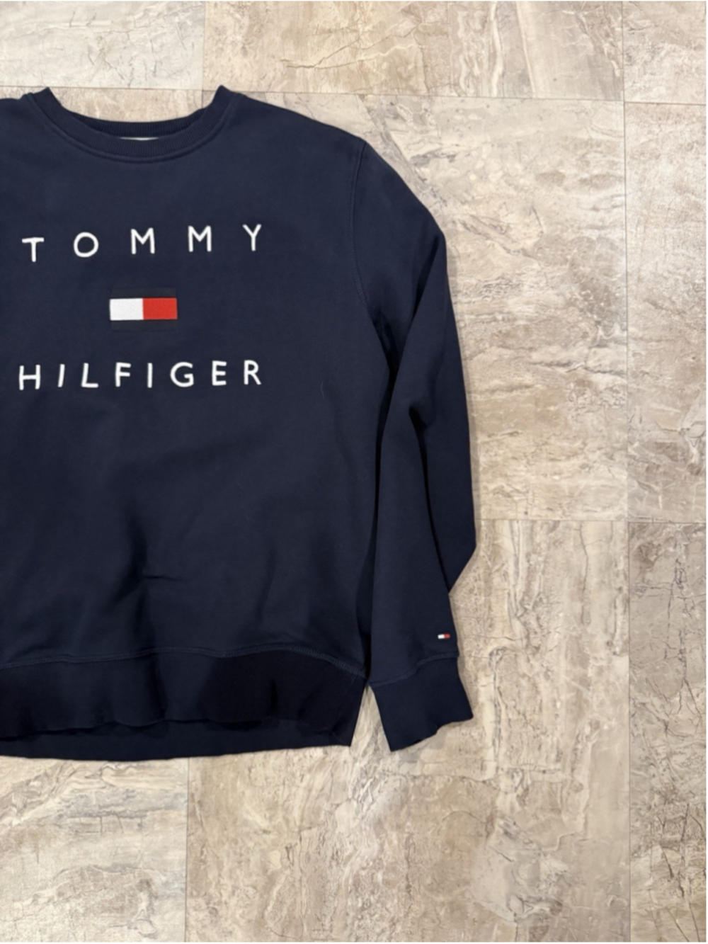 Tommy Hilfiger Men's Long Sleeve Crew Neck Fleece Sweatshirt Navy USA Logo Large